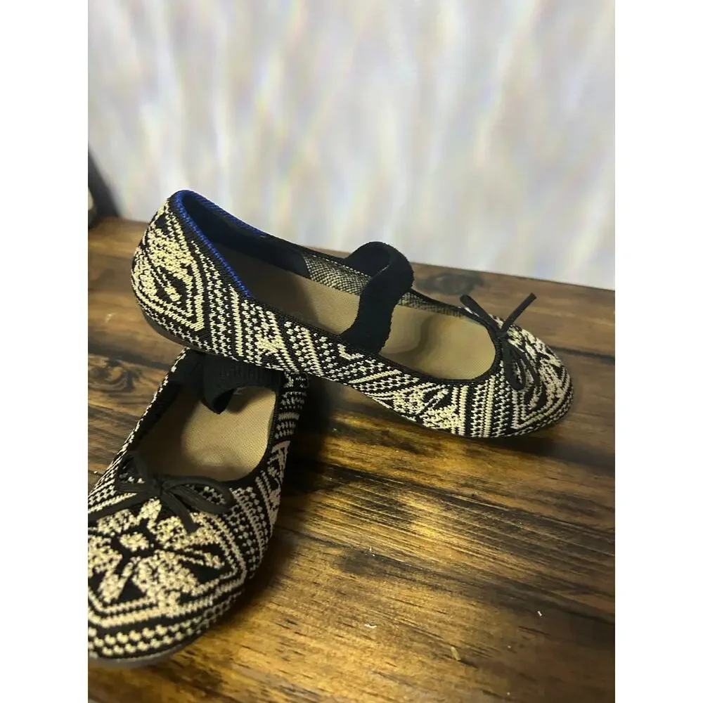 Rothy's Kids Sz 4 Bow Mary Jane Black & Cream Mosaic Pattern Back to School